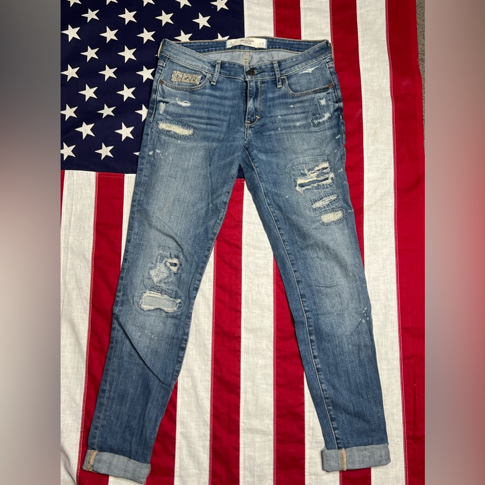Abercrombie and Fitch distressed denim distress, low rise YK Crystal embellished